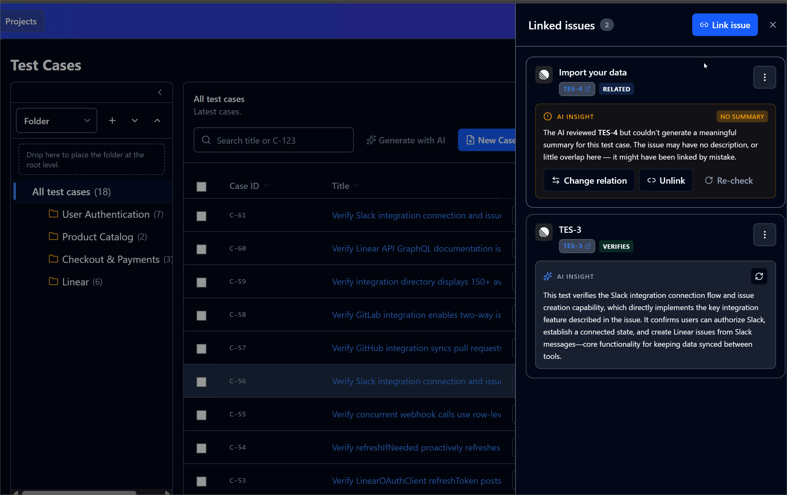 TestOrchestrator linked-issues panel: search Linear for an issue, link it to the test case, and watch the AI generate a plain-English insight summarising whether the case verifies the issue — including a 'no summary' state that flags weak or mistaken links.
