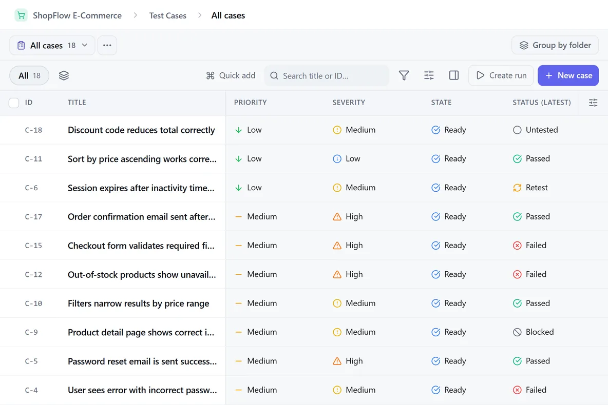 TestOrchestrator test cases table, cropped to the content area: the All cases bar, the toolbar with Quick add and search, and a dense table of cases with priority, severity, state and latest status columns.