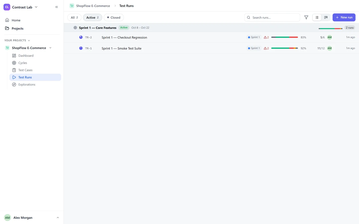 TestOrchestrator test runs list: the Active tab, two runs grouped under the cycle Sprint 1, each with a progress bar, failed count and pass percentage.