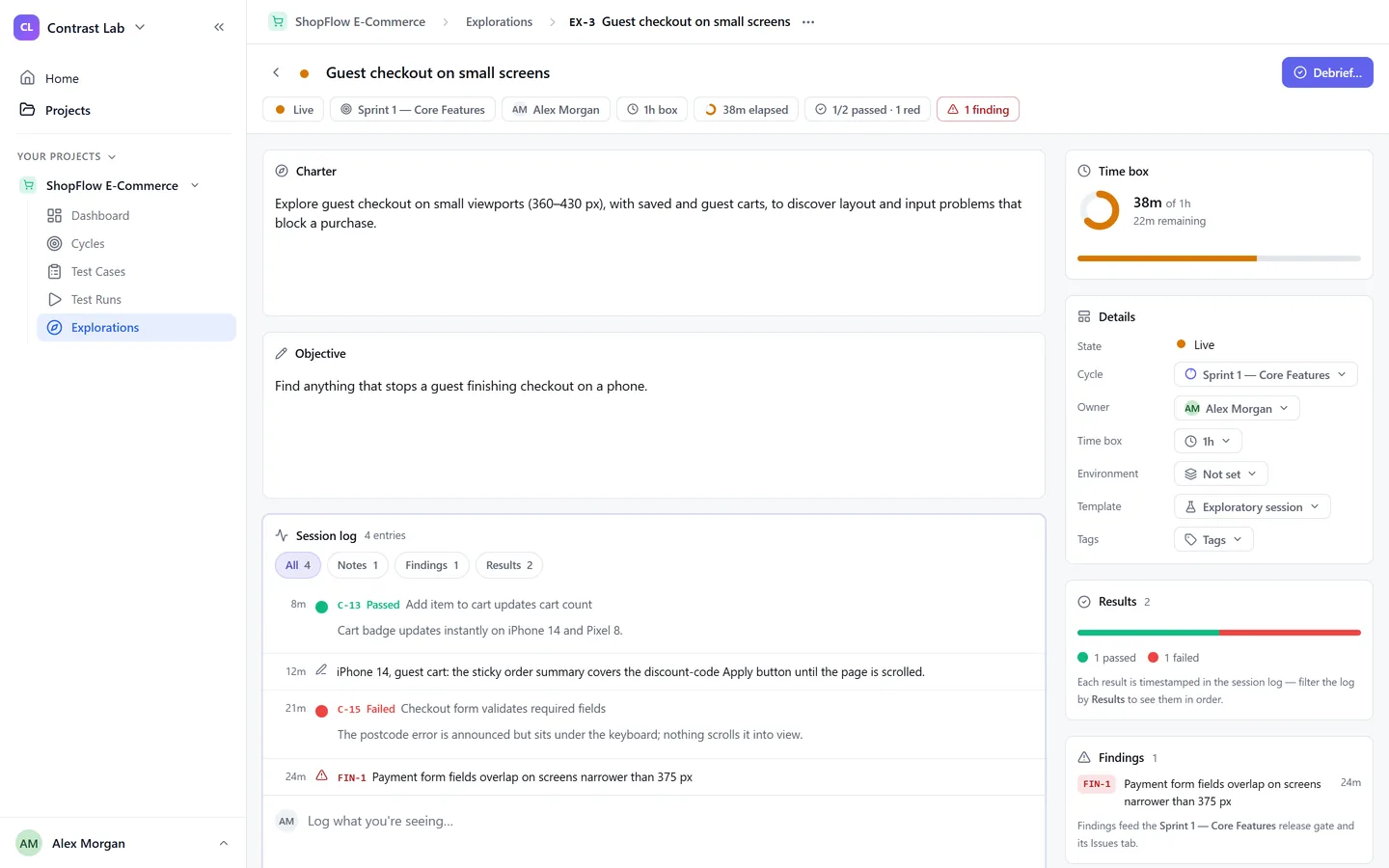 TestOrchestrator exploratory session in progress: charter and objective, a session log with a note, a passed and a failed result and a finding, and a time box ring showing 38 of 60 minutes.