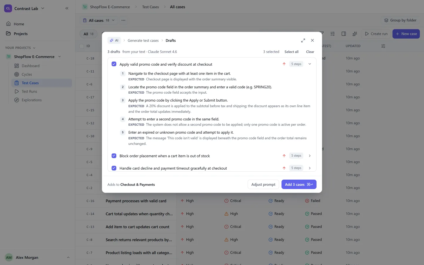 TestOrchestrator Generate with AI review step over the Test Cases list: three drafted checkout cases from pasted text, each with a keep checkbox, an editable title, a priority and a step count, the first expanded to show its five steps and expected results, and Add 3 cases to the Checkout & Payments folder.